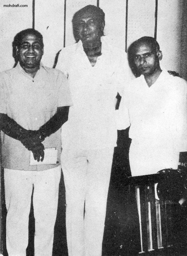 Mohd Rafi with poet lyricist Sahir Ludhianvi and composer Khayyam