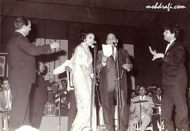 Shankar and Jaikishan with Sharmila Tagore and Mohd Rafi. - An Evening in Paris