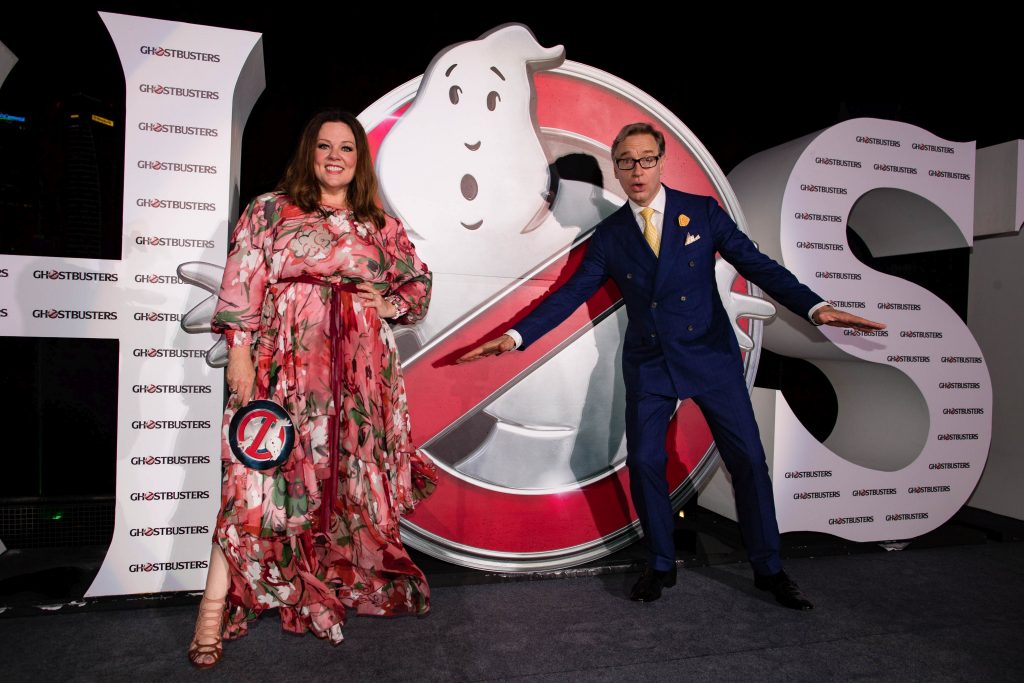 Melissa McCarthy and Paul Feig attend the Ghostbusters red carpet and Guinness World Record event at Marina Bay Sands on June 12, 2016 in Singapore.