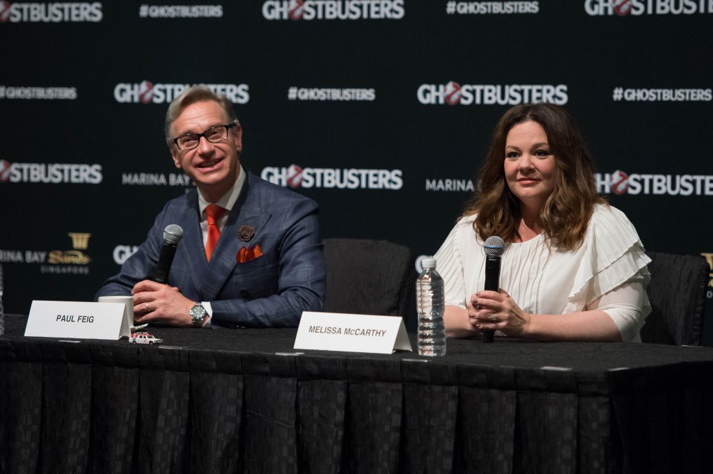 Paul Feig and Melissa McCarthy speak at the Ghostbusters press conference at the ArtScience Museum at Marina Bay Sands on June 13, 2016 in Singapore.